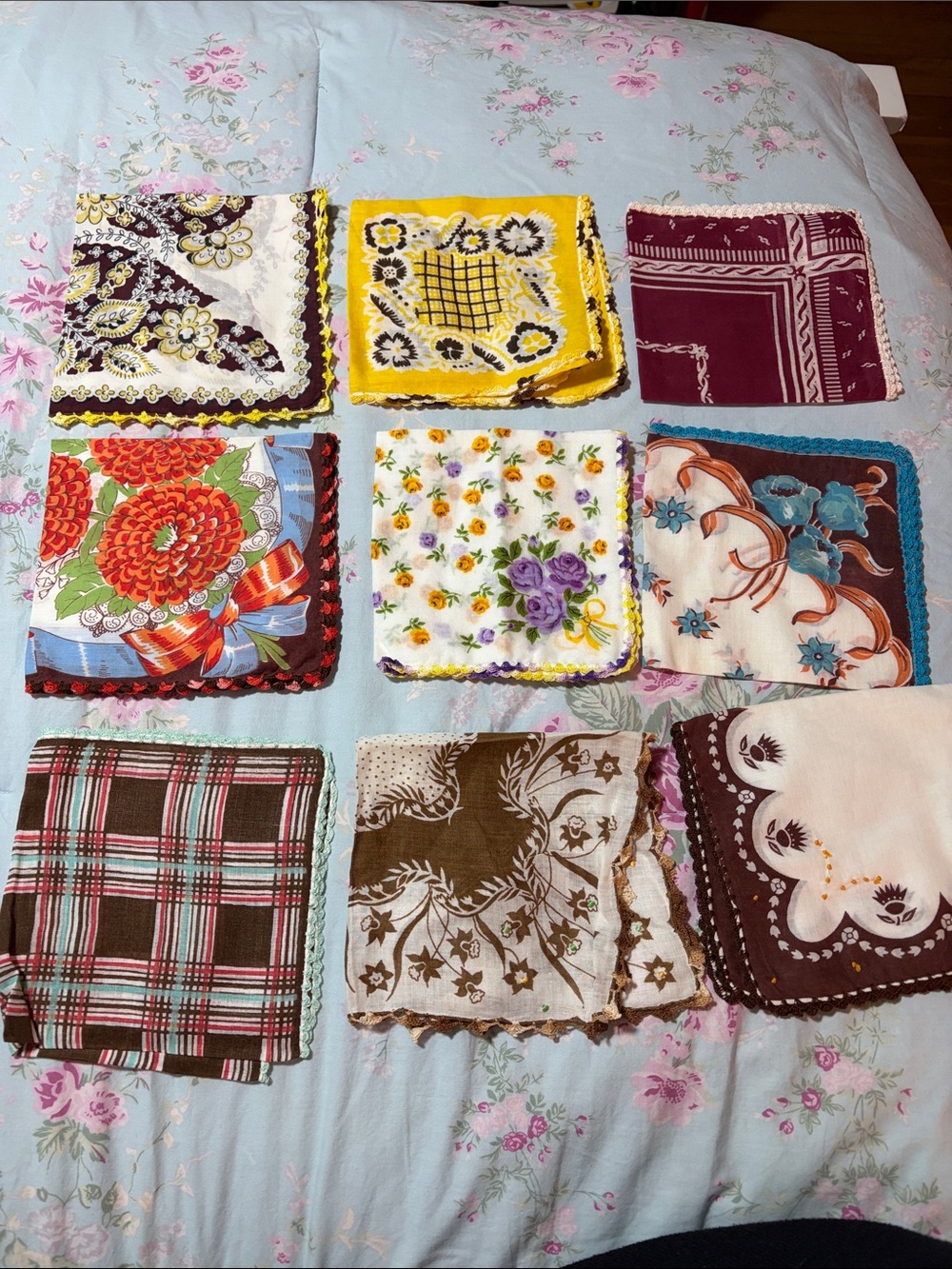 Vintage Multicolor Cotton Handkerchief Set - Floral & Patterned Designs